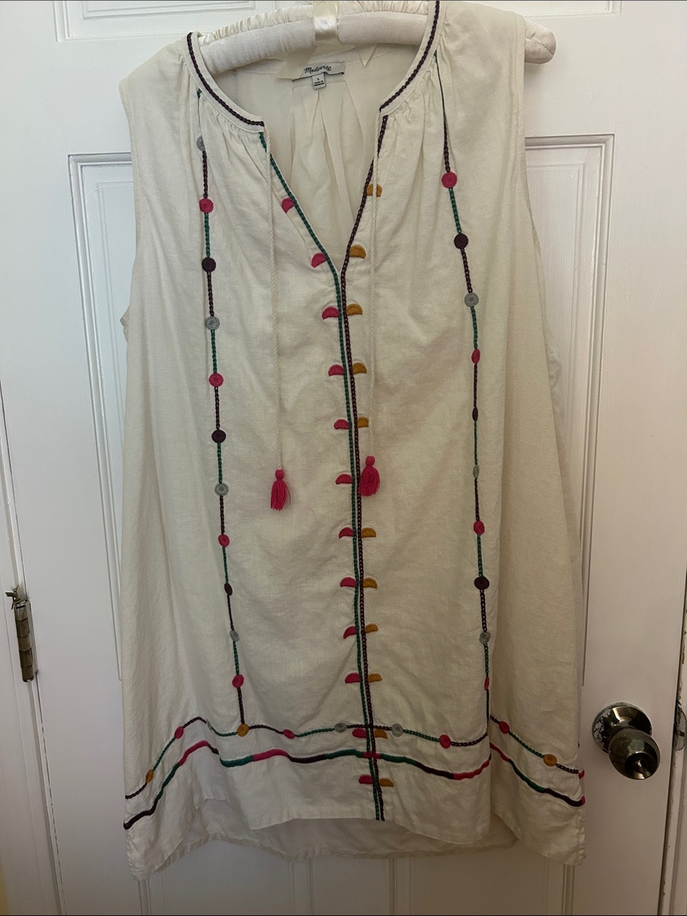 Madewell Linen Embroidered Tunic with Pink Tassels